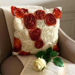 "Rust Orange & Ivory Ribbon Embroidered Rose Decorative Throw Pillow Cover, 16""x16" - thumbnail 3