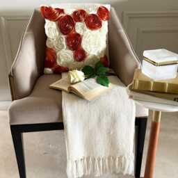 "Rust Orange & Ivory Ribbon Embroidered Rose Decorative Throw Pillow Cover, 16""x16" - thumbnail 2
