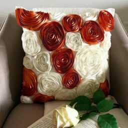 "Rust Orange & Ivory Ribbon Embroidered Rose Decorative Throw Pillow Cover, 16""x16"