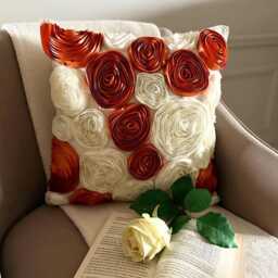 "Rust Orange & Ivory Ribbon Embroidered Rose Decorative Throw Pillow Cover, 16""x16" - thumbnail 3