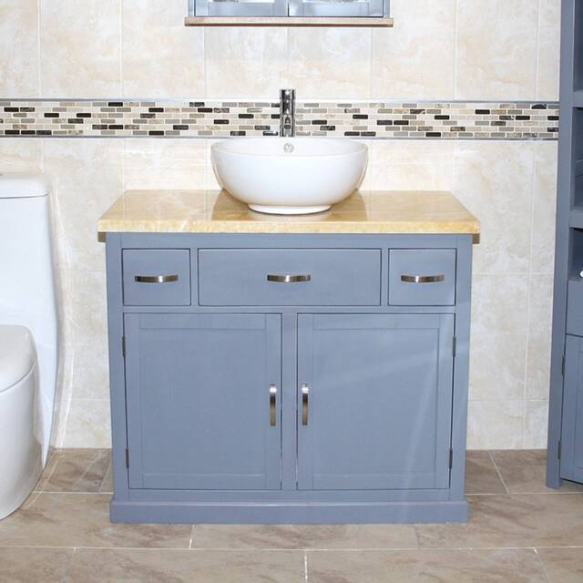 Bathroom Vanity Unit Grey Painted Cabinet Wash Stand Golden Onyx Top & Ceramic Basin 1161Ggocbc - image 1