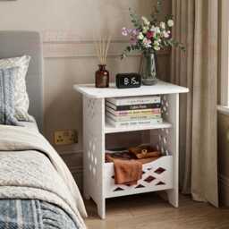 3-Tier Bedside Table, Slim Nightstand For Small Spaces With Storage Shelves