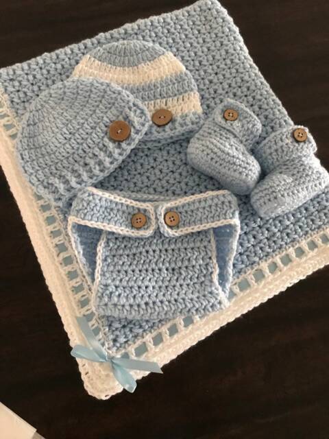 Crochet Baby Gift Set - Blanket, Hat, Booties & Diaper Cover Handmade Newborn Shower Coming Home Outfit - image 1