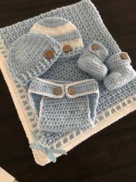 Crochet Baby Gift Set - Blanket, Hat, Booties & Diaper Cover Handmade Newborn Shower Coming Home Outfit - thumbnail 1