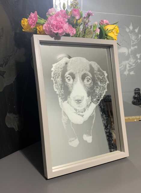 Photo Engraved Mirror Portrait Etched Black Framed Stand Decor Personalised Grey Wood White Box Home, Art, Dog Pet Family Print Memorial - image 1