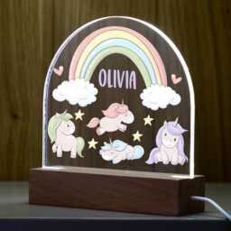 Unicorn Rainbow Night Light, Personalised Lamp, Light With Name, Girls Bedroom Nursery - Uv780 - thumbnail 1