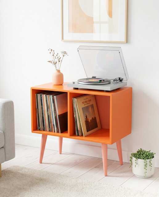 Mid Century Record Player Stand , Orange Pink Vinyl Storage Cabinet , Handmade Retro Turntable Unit, Funky Modern Media Console - image 1
