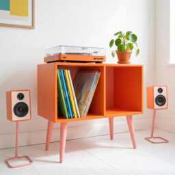 Mid Century Record Player Stand , Orange Pink Vinyl Storage Cabinet , Handmade Retro Turntable Unit, Funky Modern Media Console - thumbnail 2