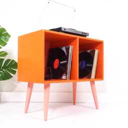 Mid Century Record Player Stand , Orange Pink Vinyl Storage Cabinet , Handmade Retro Turntable Unit, Funky Modern Media Console - thumbnail 3