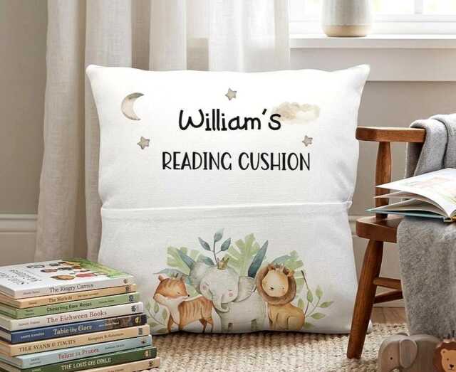 Personalised Reading Cushion, Pocket Book Holder Animal Safari Pillow Gift - image 1