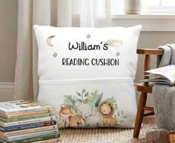 Personalised Reading Cushion, Pocket Book Holder Animal Safari Pillow Gift - thumbnail 1