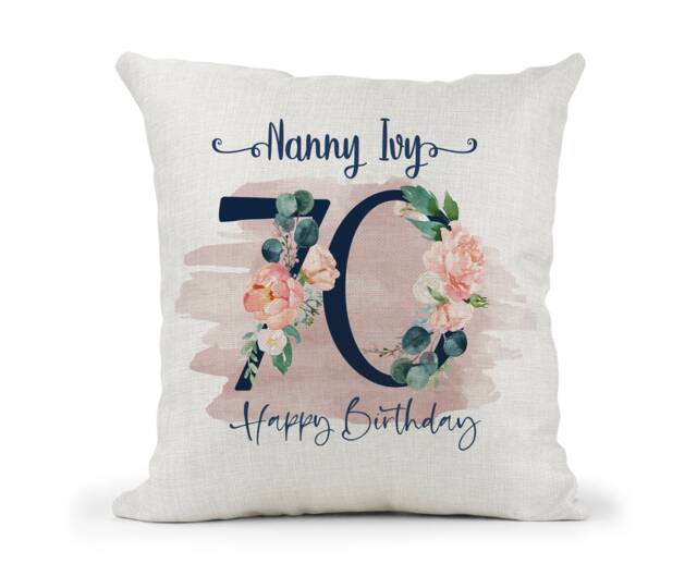 Personalised 70Th Special Birthday Cushion Navy & Peach Floral Mum, Nan, Friend, Sister Gift - image 1