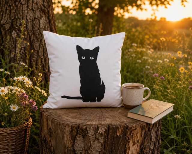 Black Cat Pillow, Lover Gift, Throw Decorative Pillowcase, Cute Kitten Cushion, Animal Home Decor, Housewarming Gift - image 1
