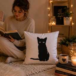 Black Cat Pillow, Lover Gift, Throw Decorative Pillowcase, Cute Kitten Cushion, Animal Home Decor, Housewarming Gift - thumbnail 3