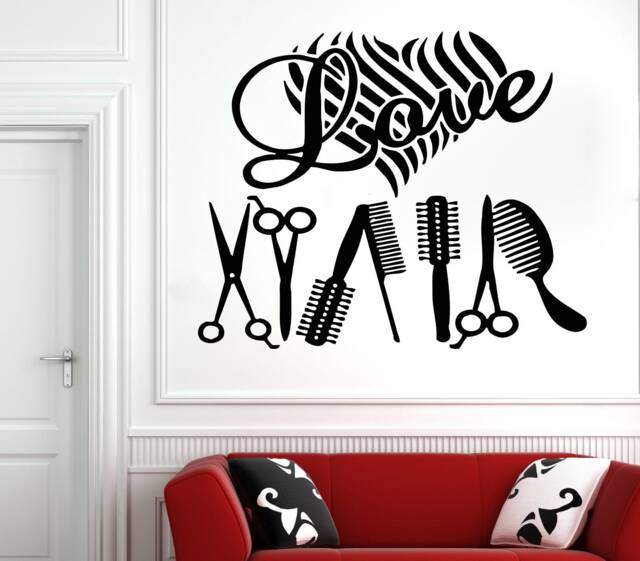 Hair Salon Wall Decal Stylist Tools, Scissors, Combs, Beauty Shop Decor T136 - image 1