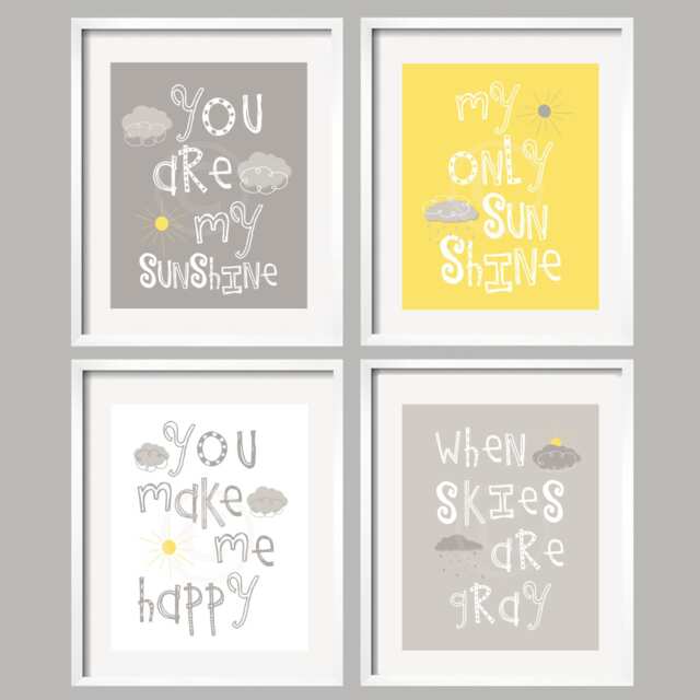 Yellow Gray Wall Art, You Are My Sunshine Nursery Decor, Sun Clouds Artwork, Gender Neutral Gift Prints Or Canvas Set Of 4 - image 1