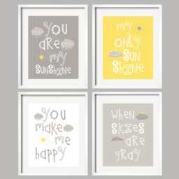 Yellow Gray Wall Art, You Are My Sunshine Nursery Decor, Sun Clouds Artwork, Gender Neutral Gift Prints Or Canvas Set Of 4 - thumbnail 1