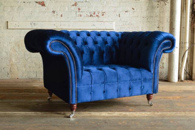 British Handmade Blue Velvet Chesterfield Snuggle Chair, Loveseat Armchair - image 1