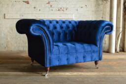 British Handmade Blue Velvet Chesterfield Snuggle Chair, Loveseat Armchair - thumbnail 1
