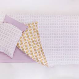 Reversible Duvet/ Bedding Set in Organic Cotton 300Tc. Handprinted Using Azo Free Dyes. Lilac Yellow - thumbnail 3