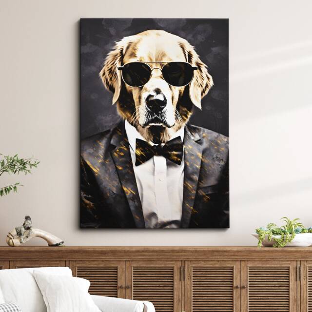 Golden Retriever Suit Bowtie Glasses Painting Framed Poster Print & Canvas Wall Decor Art Bedroom Home Interior Funny Dog Lover Gift - image 1