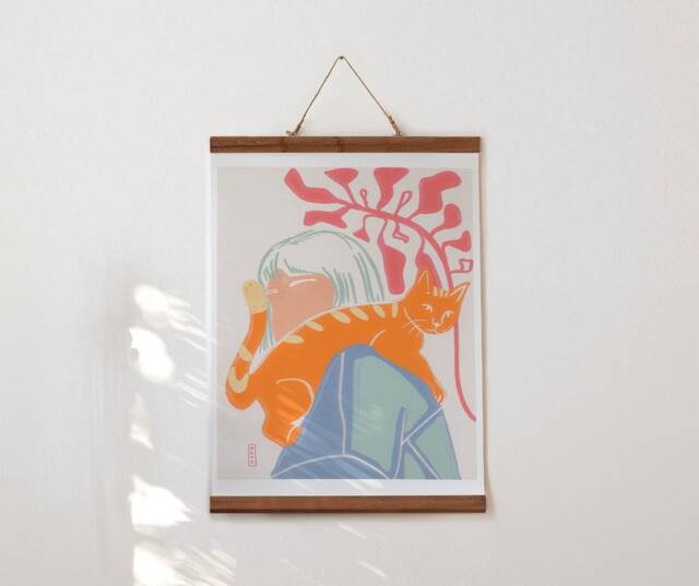 Print Illustration No Face & Cat, Poster Wall Art Cat Inspired Of Matisse - image 1