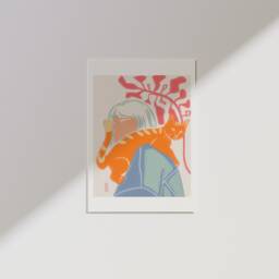 Print Illustration No Face & Cat, Poster Wall Art Cat Inspired Of Matisse - thumbnail 2
