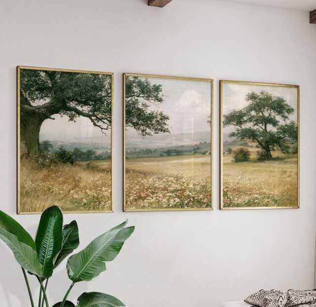 Green Meadow Landscape Poster Set, Vintage Oak Tree Wall Art - image 1