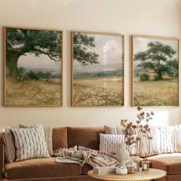 Green Meadow Landscape Poster Set, Vintage Oak Tree Wall Art - thumbnail 4