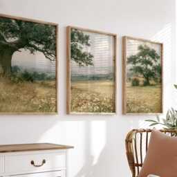 Green Meadow Landscape Poster Set, Vintage Oak Tree Wall Art - thumbnail 3