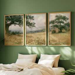 Green Meadow Landscape Poster Set, Vintage Oak Tree Wall Art - thumbnail 2