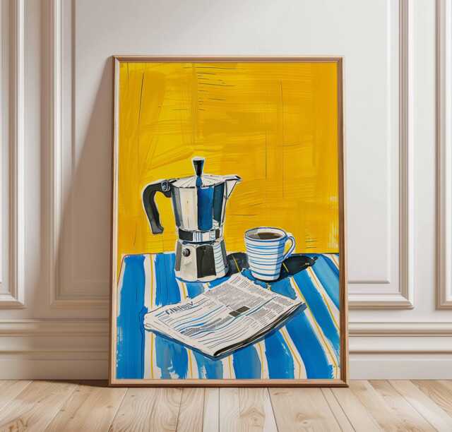 Bright Coffee Still Life Poster, Italian Moka Pot Art, Yellow Kitchen Wall Decor, Modern Food Print, Cafe Bar Decor