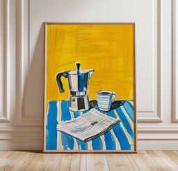 Bright Coffee Still Life Poster, Italian Moka Pot Art, Yellow Kitchen Wall Decor, Modern Food Print, Cafe Bar Decor - thumbnail 1