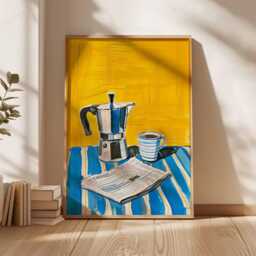 Bright Coffee Still Life Poster, Italian Moka Pot Art, Yellow Kitchen Wall Decor, Modern Food Print, Cafe Bar Decor - thumbnail 3