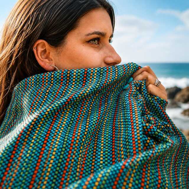 Turquoise Blue Throw Cotton Blanket - Durable Sofa Cover Boho Bedspread Portuguese Woven Recycled Sustainable Modern Traditional Decor - image 1