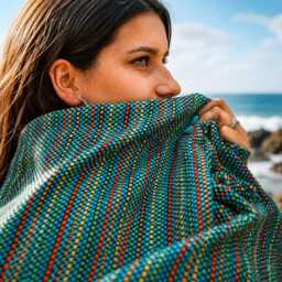 Turquoise Blue Throw Cotton Blanket - Durable Sofa Cover Boho Bedspread Portuguese Woven Recycled Sustainable Modern Traditional Decor - thumbnail 1
