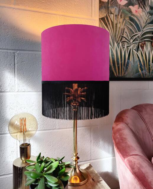 Pink Fringed Lampshade in Velvet With Black Fringe - image 1