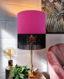 Pink Fringed Lampshade in Velvet With Black Fringe - thumbnail 1