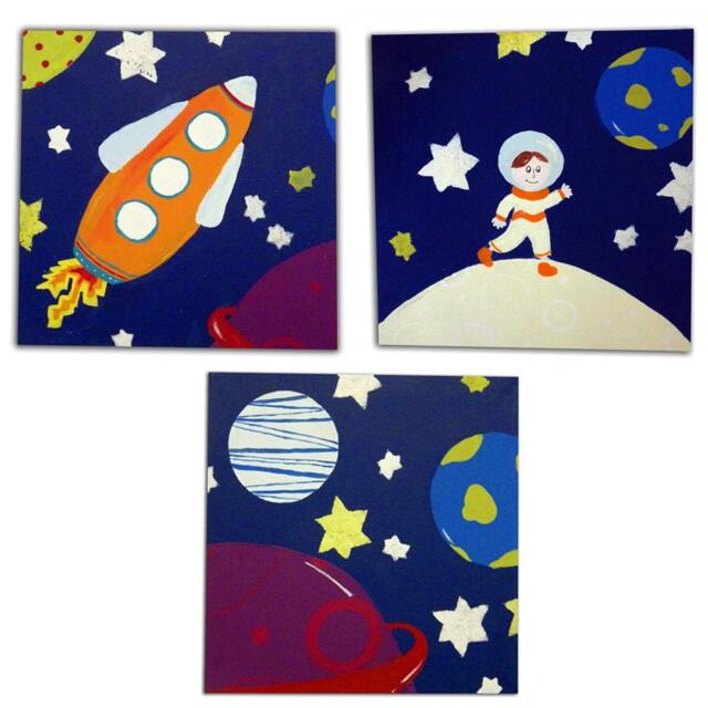 Kids Space Art Canvases X 3, Painting, Boys Wall Decor, Room, Nursery Gift - image 1