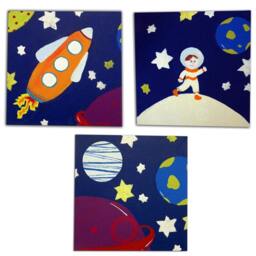 Kids Space Art Canvases X 3, Painting, Boys Wall Decor, Room, Nursery Gift - thumbnail 1