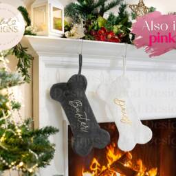 Personalised Dog Bone Christmas Stocking Animal Pet Gift Presents Santa Velvet Glitter Grey White Name Family Boxing Day Eve Fireplace - thumbnail 2