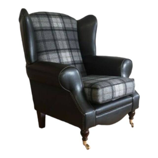 Wingback Fireside Chair Grey Plaid & Faux Snakeskin, Queen Anne Style - image 1