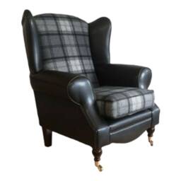 Wingback Fireside Chair Grey Plaid & Faux Snakeskin, Queen Anne Style
