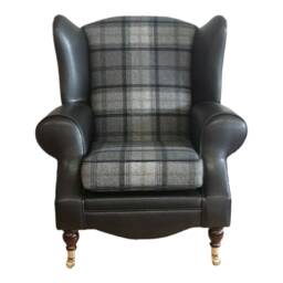 Wingback Fireside Chair Grey Plaid & Faux Snakeskin, Queen Anne Style - thumbnail 2