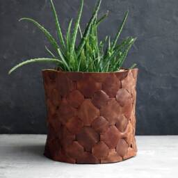 Handwoven Leather Planter Cover Modern Indoor Plant Vase - thumbnail 3