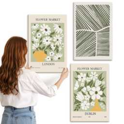 3 Piece Canvas Set - Floral Patterns London & Dublin Lines, Green Large Wall Art, Plants Flowers Decor - thumbnail 3