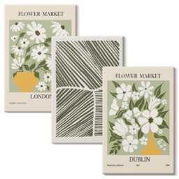 3 Piece Canvas Set - Floral Patterns London & Dublin Lines, Green Large Wall Art, Plants Flowers Decor - thumbnail 2