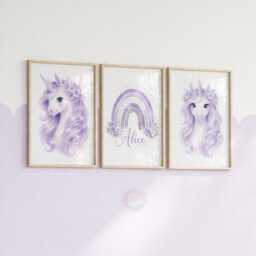 Unicorn Girls Bedroom Prints - Personalised Lavender Set Of 3, Rainbow Nursery Wall Art - thumbnail 2
