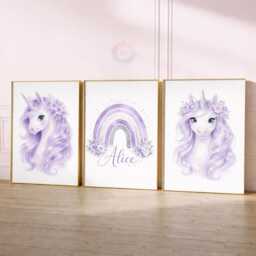Unicorn Girls Bedroom Prints - Personalised Lavender Set Of 3, Rainbow Nursery Wall Art