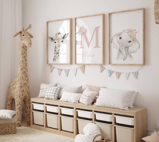 Girls Pink Safari Nursery Print Set Giraffe, Elephant, Initial - Set Of 3 - image 1